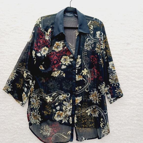 Blouse Kimono NY Design Button-Up Sheer Floral Resort Office Siren Cruise Size L - Picture 3 of 13